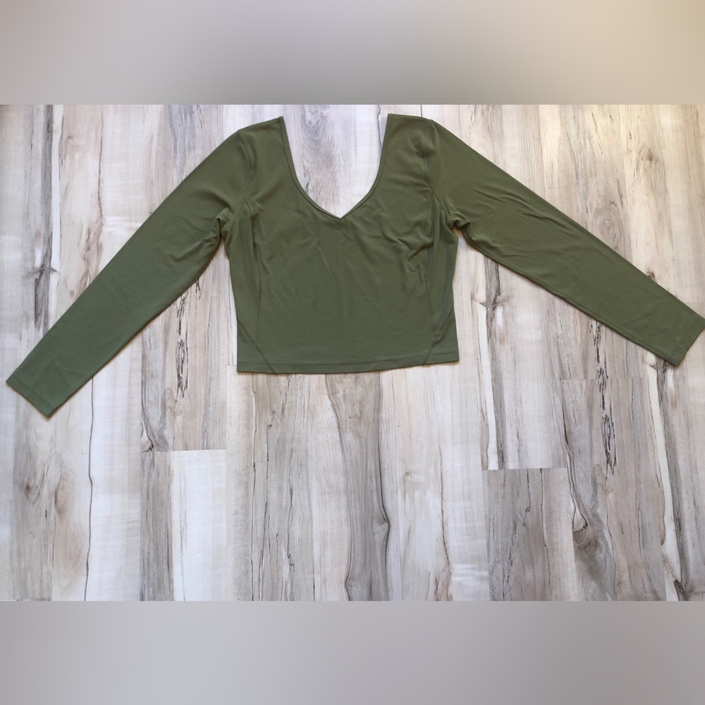Lululemon Align V-Neck Long Sleeve Crop Top Olive Green Nulu Women's Size 6 - Picture 3 of 15